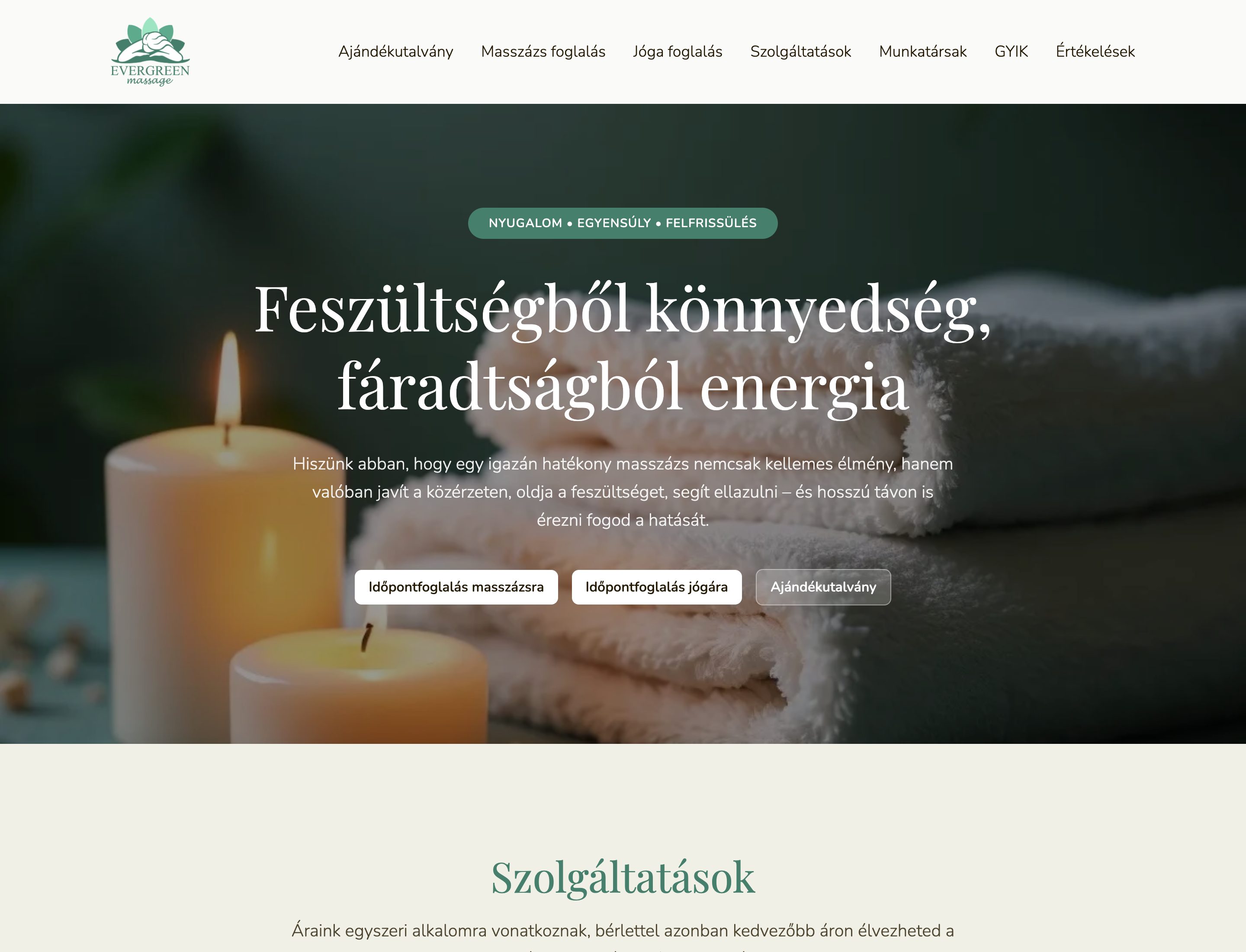 Evergreen Masszázs weboldal online foglalással